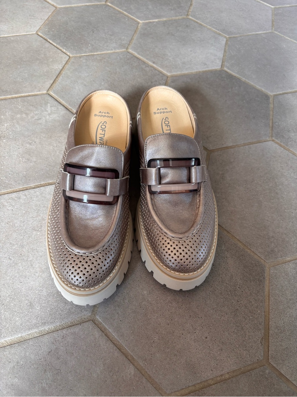 Softwalk Metallic Taupe Perforated Mule with Arch Support